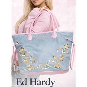 Ed Hardy Tote Bag Blue Pink Floral Large Shoulder Bag Y2K Vintage